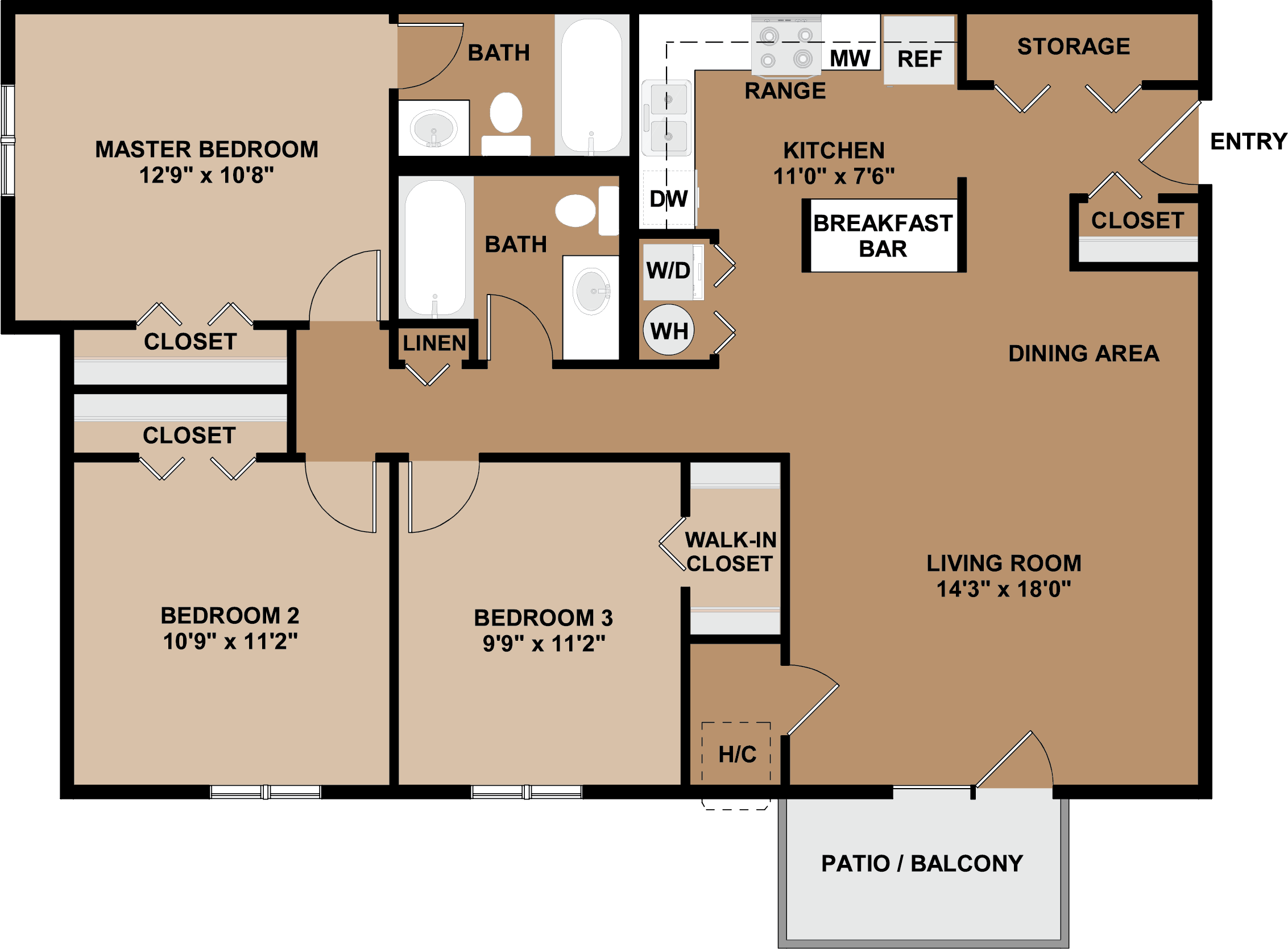 Floor plan for 3 beds, 2 baths, 1144 sqft